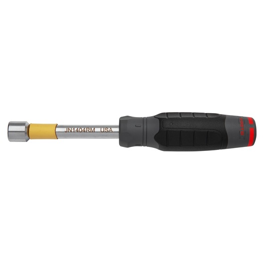 PROTO JN1404RM nut driver with black and red handle, silver shaft, and yellow accent, side view on white background.