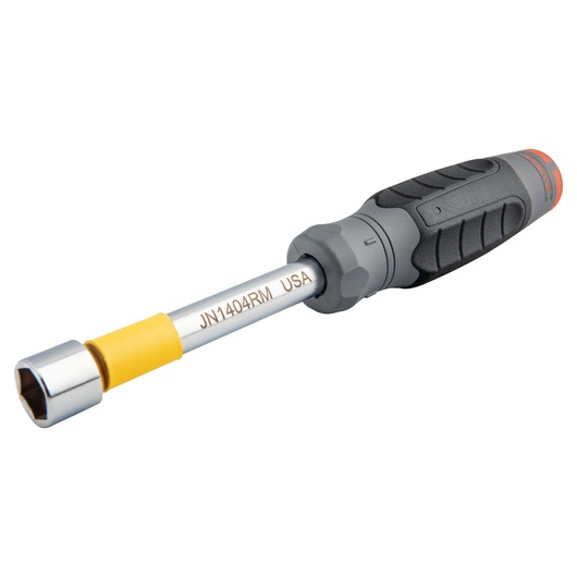 PROTO JN1404RM nut driver with black and gray ergonomic handle, yellow collar, side view on white background.