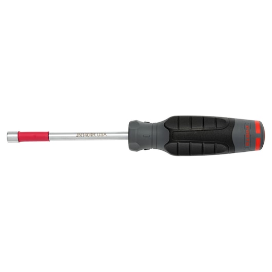 PROTO JN1404R nut driver with black and red ergonomic handle, side view on white background.