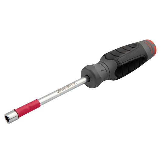 PROTO JN1404R nut driver with black and red ergonomic handle, side angle, white background.