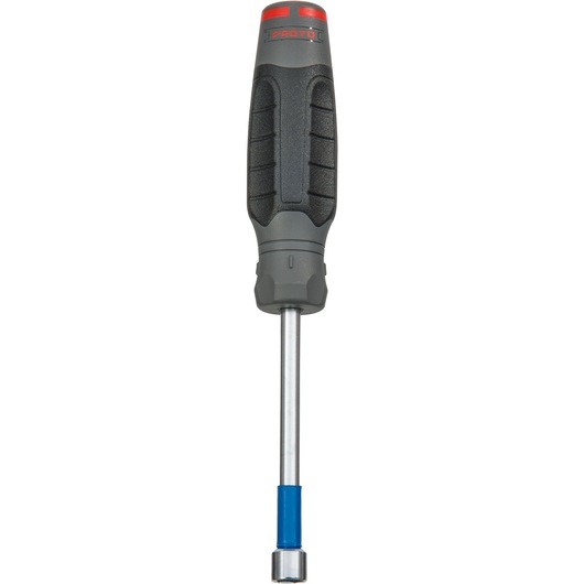 PROTO JN3804R nut driver with black and red ergonomic handle, metal shaft, and blue accent, front view on white.