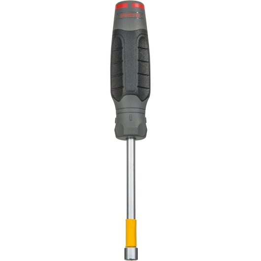 PROTO JN51604R nut driver with black and red handle, long silver shaft, and yellow marking, front angle on white background.