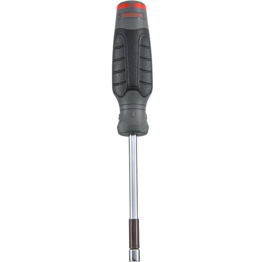 PROTO JN5504RM nut driver with black and red ergonomic handle, silver shaft, front angle on white background.