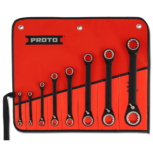 PROTO JSBV-8S ratcheting wrench set in black, eight pieces in a red tool roll, front angle.