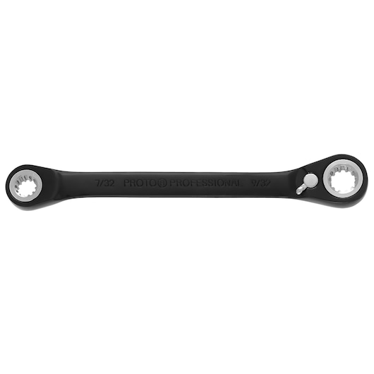PROTO JSBV0709 ratcheting box wrench with black finish, two sizes, product photography on white background.