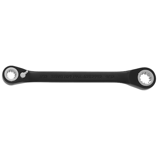 PROTO JSBV0709 ratcheting box wrench with black finish, straight view, two different sized ends.