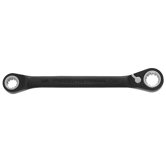 Photo of PROTO JSBV0810 black double box ratcheting wrench, 1/4 and 5/16 inch, flat lay on white background.