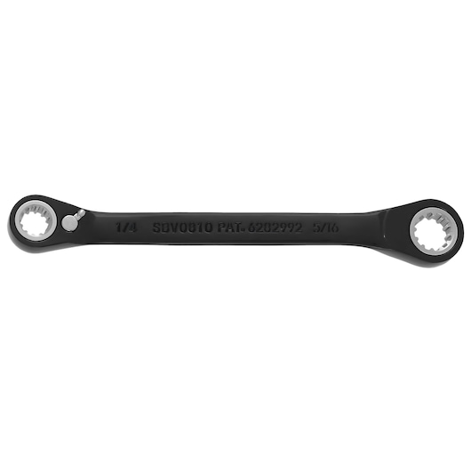 PROTO JSBV0810 black double box-end ratcheting wrench with visible size markings, top view on white background.