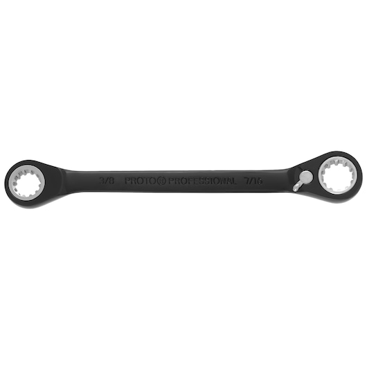 PROTO JSBV1214 black double box end ratcheting wrench, straight view, two different sized ends.