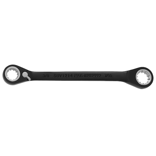 PROTO JSBV1214 black double box-end ratcheting wrench photography, straight angle on white background.