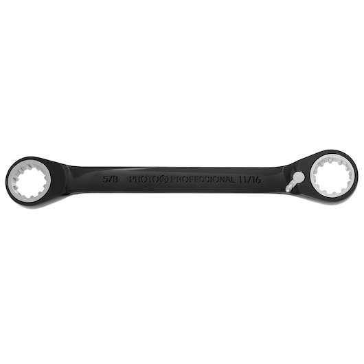 PROTO JSBV2022 black double box end ratcheting wrench with 5/8 and 11/16 sizes, front angle, white background.