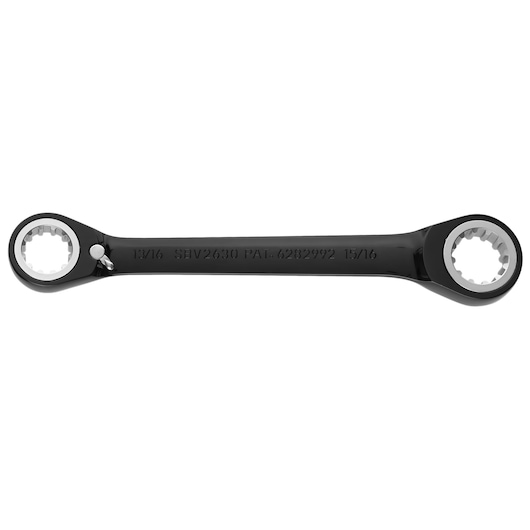 PROTO JSBV2630 black double box end ratcheting wrench, straight handle, photography, top view, white background.