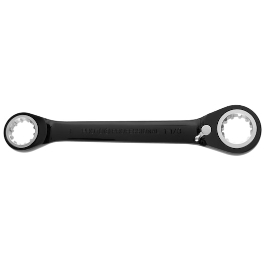 PROTO JSBV3236 black double box-end ratcheting wrench with reversing lever, white background, top view.