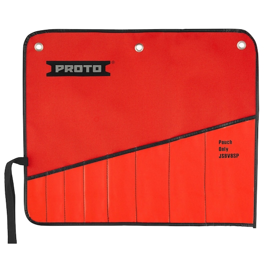 PROTO JSBV8SP tool pouch with red fabric, black trim, and multiple slots, front angle.