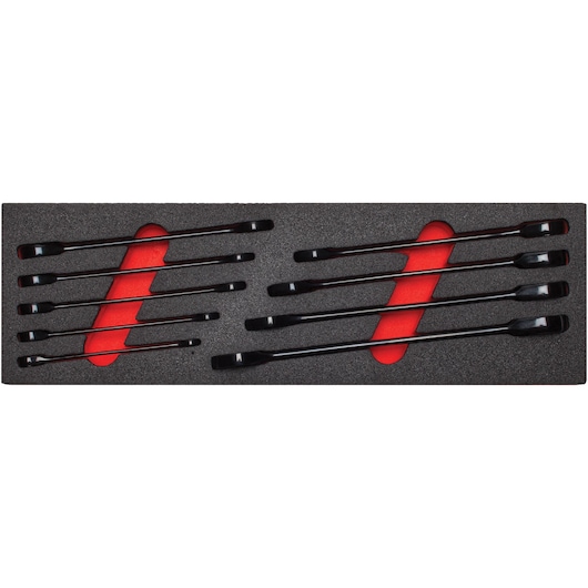 PROTO JSCR-9SK pry bar set in black foam tray with red accents, top view, nine straight pry bars.