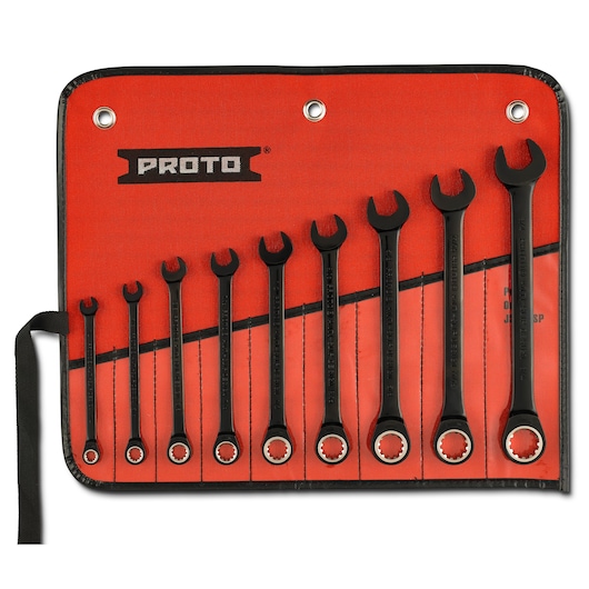 PROTO JSCR-9S wrench set in a red tool roll, nine black combination wrenches arranged by size, front view.