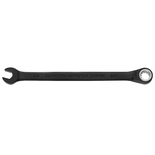 PROTO JSCR08 black ratcheting combination wrench, 1/4 inch, front angle on white background