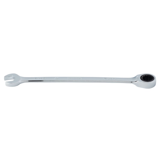 Photo of PROTO JSCR10T chrome combination ratcheting wrench on white background, flat angle.