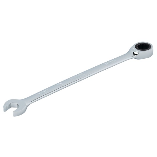 PROTO JSCR10T chrome combination ratcheting wrench, open-end and ratcheting box-end, angled front view on white.