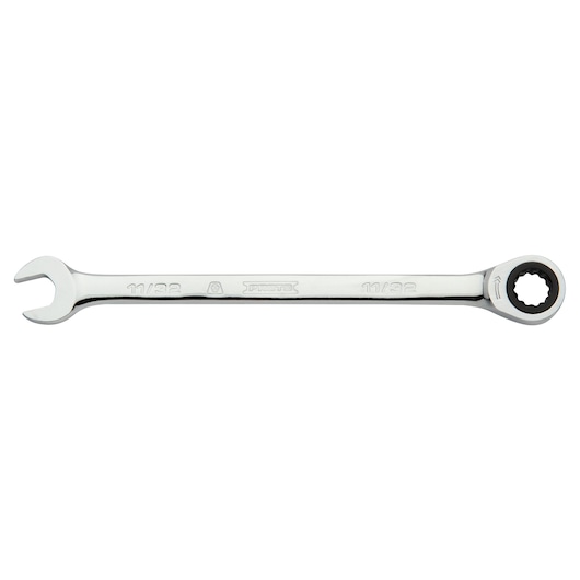 PROTO JSCR11T chrome combination ratcheting wrench, 11/32 inch size, product side view on white background.