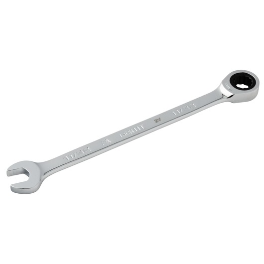 PROTO JSCR11T ratcheting combination wrench, chrome finish, photo on white background, tool angled right.