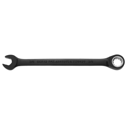 PROTO JSCR12 black combination ratcheting wrench 3/8 inch, side view on white background.