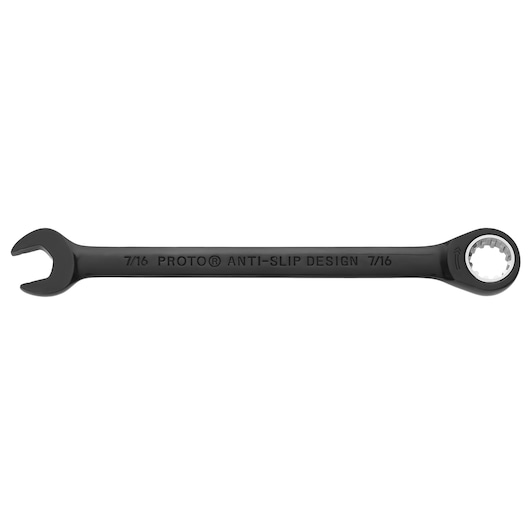 PROTO JSCR14 combination wrench with anti-slip design, black finish, open and box ends, front angle on white.