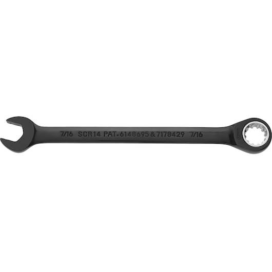 PROTO JSCR14 ratcheting combination wrench, black finish, 7/16 inch size, side view on white background.
