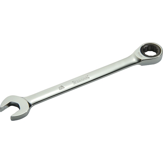PROTO JSCR16T chrome combination ratcheting wrench, top angle, with open and ratcheting ends.