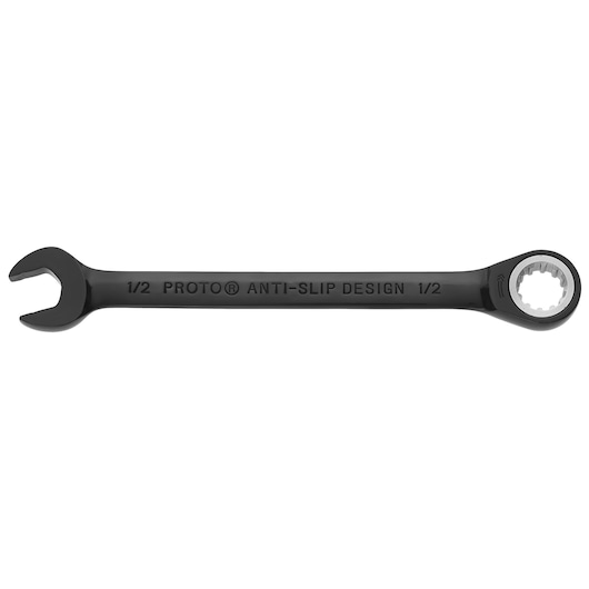 PROTO JSCR16 black ratcheting combination wrench, 1/2 inch size, side angle on white background.