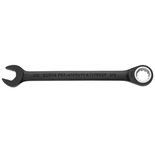 PROTO JSCR16 combination ratcheting wrench, black finish, front angle, photography on white background.