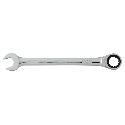 PROTO JSCR18T ratcheting combination wrench, chrome finish, 9/16 inch, side view on white background.