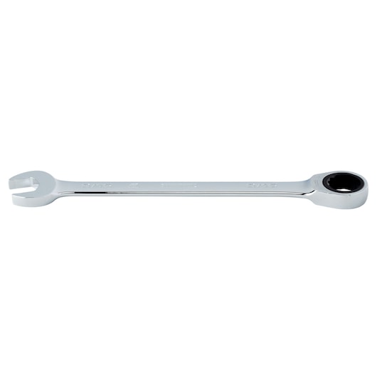 PROTO JSCR18T chrome ratcheting combination wrench, open and box end, side angle on white background.