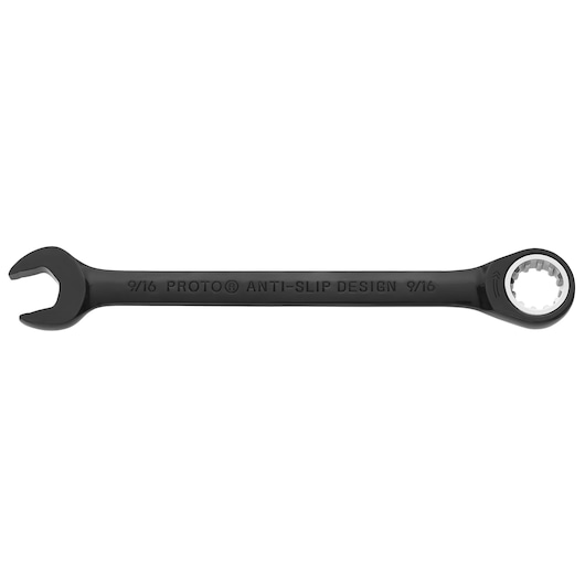 PROTO JSCR18 black anti-slip combination ratcheting wrench, 9/16 inch, product photo, front angle.