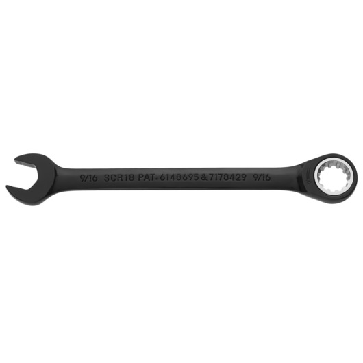 PROTO JSCR18 black ratcheting combination wrench, 9/16 inch, product photo on white background.