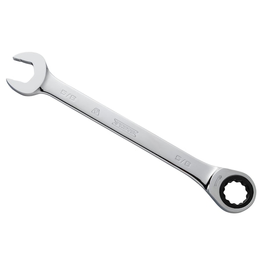 PROTO JSCR20T combination ratcheting wrench, silver finish, 5/8 inch, top angle, white background.