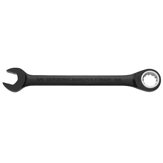 PROTO JSCR20 black ratcheting combination wrench with 5/8 inch size, white background, side view.
