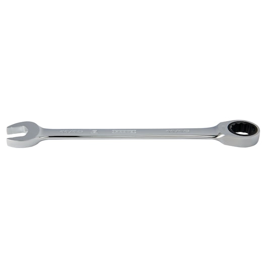 PROTO JSCR22T chrome combination wrench, flat angle photo, showing open and box ends.