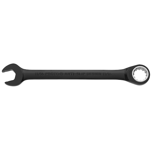 PROTO JSCR22 black combination ratcheting wrench with anti-slip design, product photo on white background.