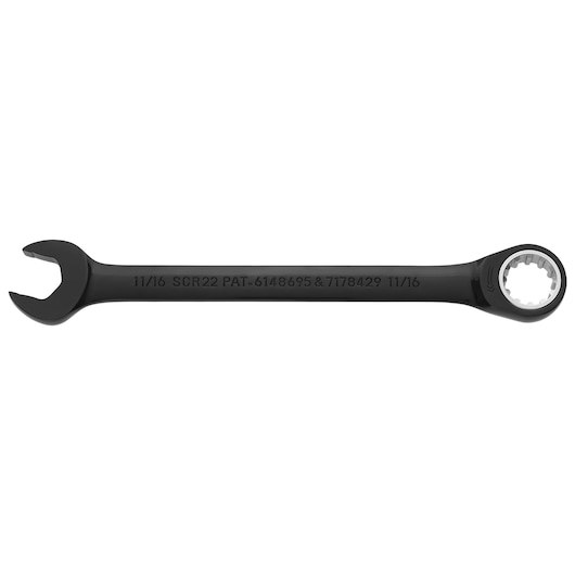 PROTO JSCR22 black combination wrench, open and ratcheting box end, side angle on white background.