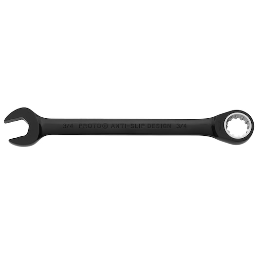 PROTO JSCR24 black combination ratcheting wrench with open-end and box-end, horizontal angle on white background.