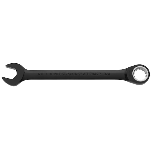 PROTO JSCR24 black ratcheting combination wrench, 3/4 inch, front angle, on white background.