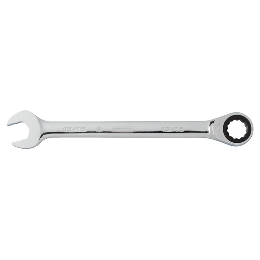 PROTO JSCR26T chrome combination ratcheting wrench with 13/16 inch size, side angle on white background.