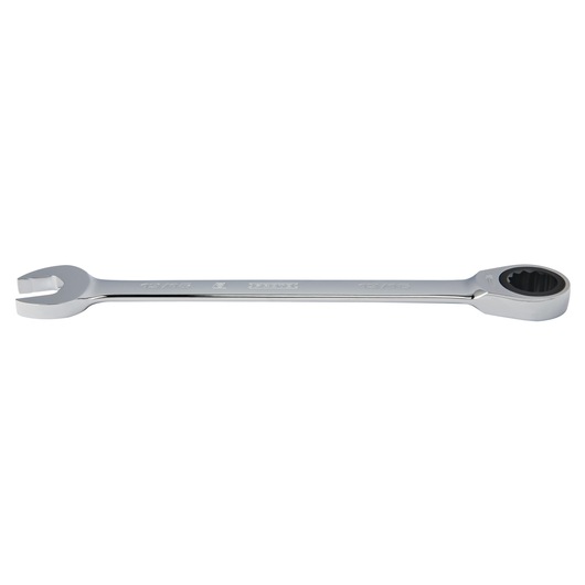 Photo of PROTO JSCR26T combination ratcheting wrench, chrome finish, side view on white background.