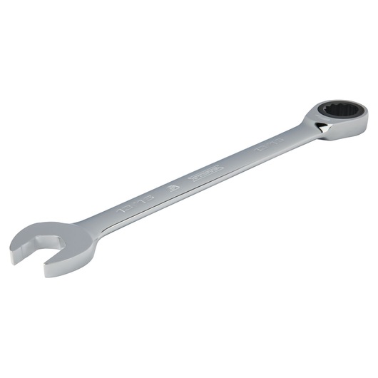 PROTO JSCR26T ratcheting combination wrench, silver finish, open-end and box-end, angled on white background.