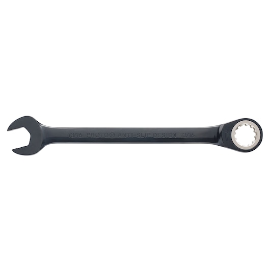 PROTO JSCR26 ratcheting combination wrench, black finish, front angle on white background.