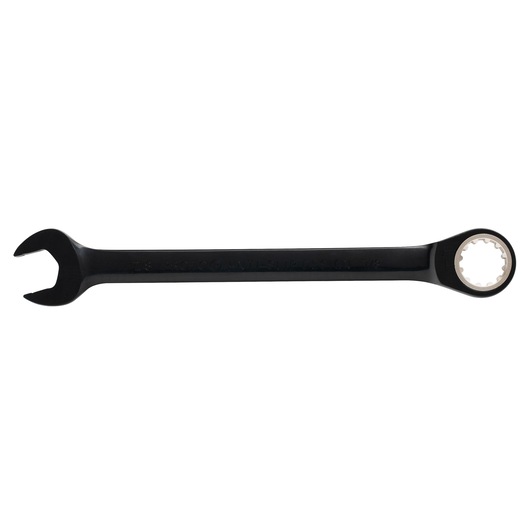 Photo of PROTO JSCR28 black combination wrench with open-end and box-end, side angle on white background.