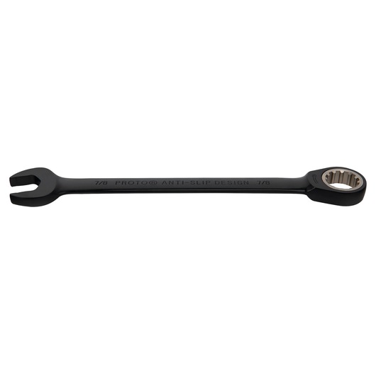 PROTO JSCR28 black combination wrench with open and box ends, product photography, white background.