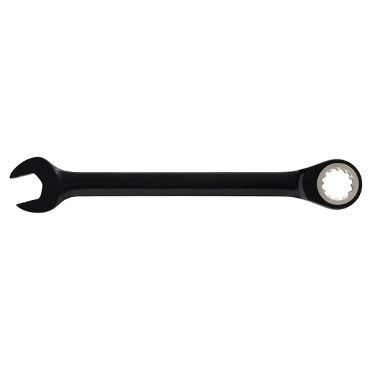 PROTO JSCR30 black combination ratcheting wrench, open and box end, flat lay white background.