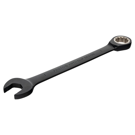 PROTO JSCR32 black combination wrench with anti-slip design, shown angled on white background.
